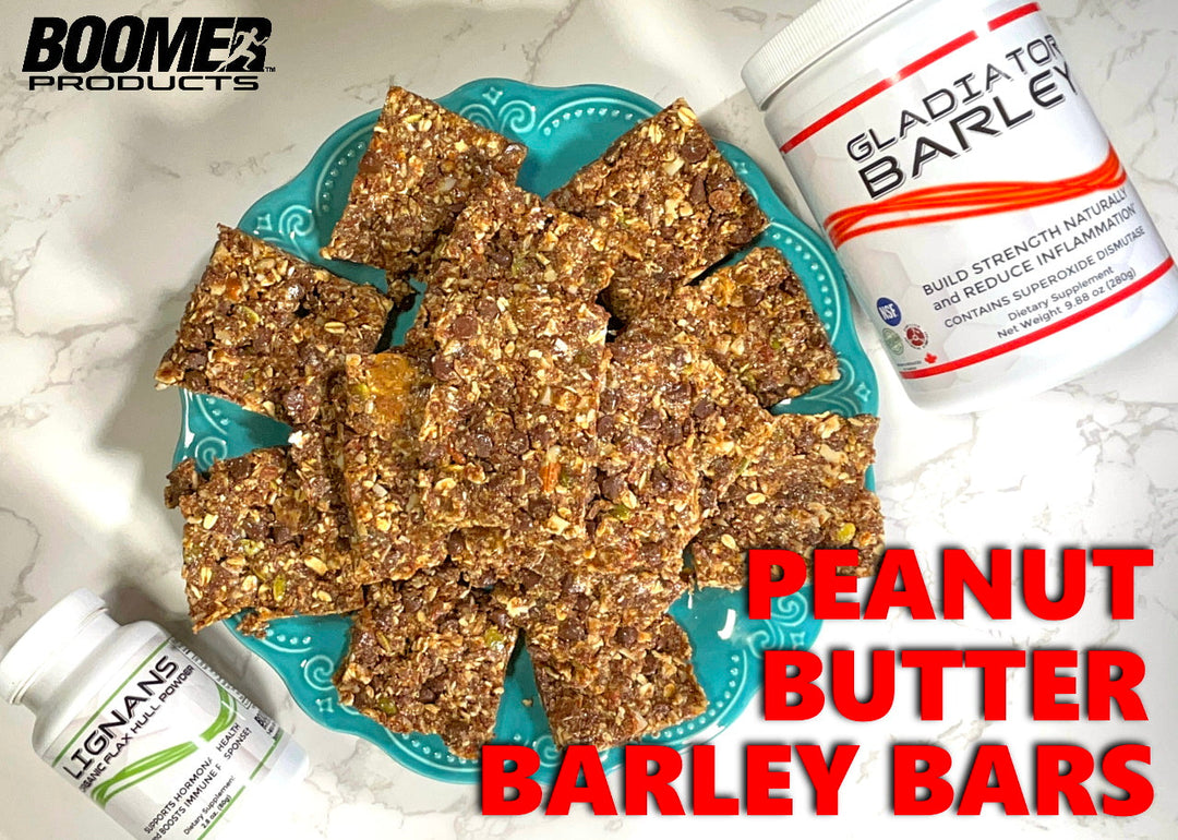 Chocolate Peanut Butter Barley Bars with Boomer Products.