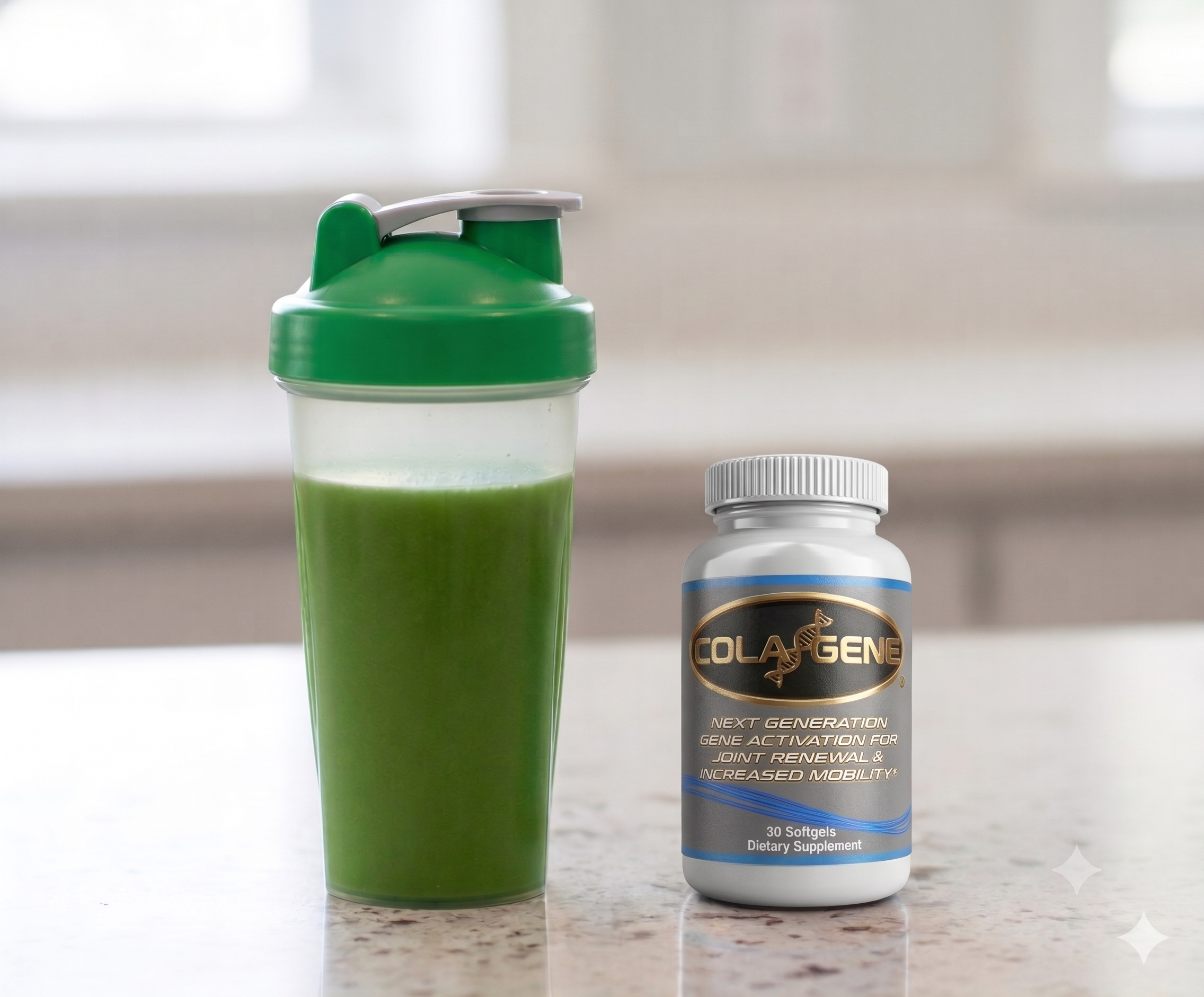 A green shaker bottle filled with a green smoothie stands next to a white bottle of Colagene dietary supplement on a light countertop with a blurred kitchen background.