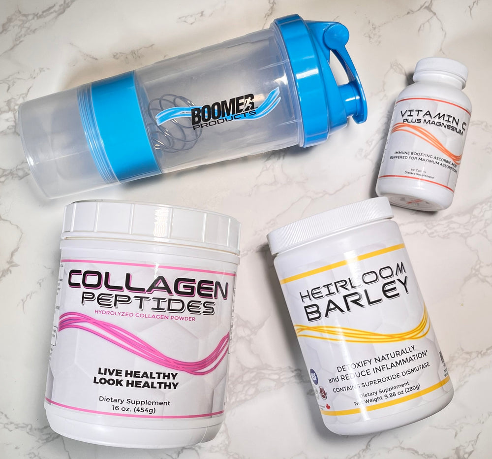 The Skin, Hair, Nail and Joint Health Combo from Boomer Products includes Collagen, Heirloom Barley and Vitamin C .